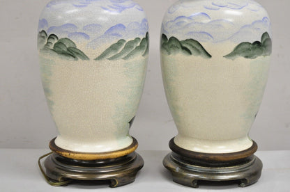 Vintage Chinoiserie Painted Swan Porcelain Ginger Jar Table Lamps - a Pair