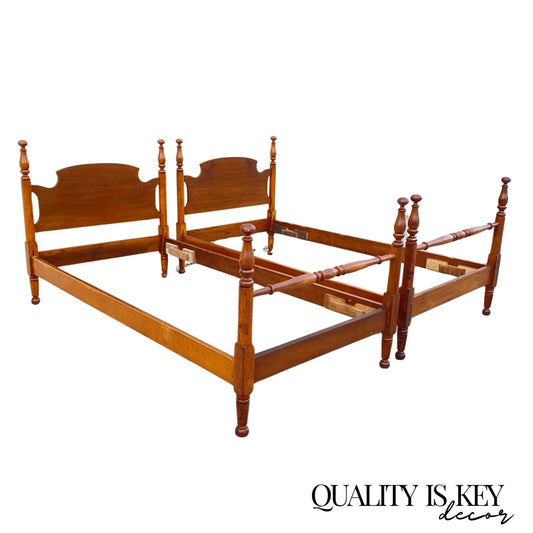 Vintage Colonial Style Cherry Wood Cannonball Single Twin Bed Frames - a Pair