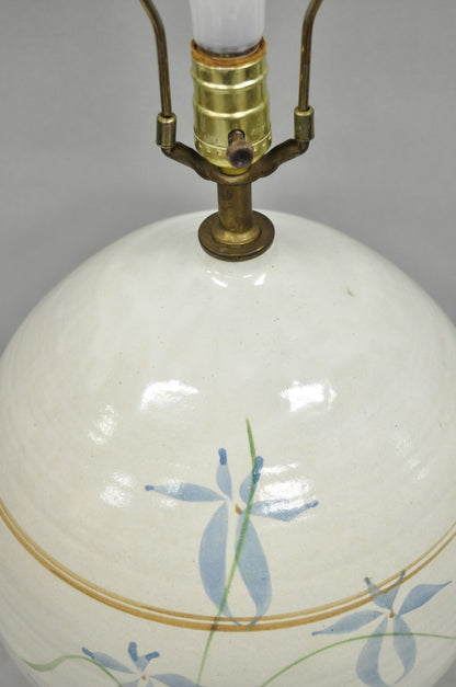 Vintage French Country Large Blue Flower Stoneware Pottery Vase Table Lamp