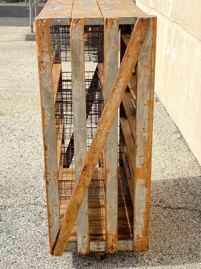Antique Industrial Distress Gray Wooden Rolling Shelf Storage Cart Store Display