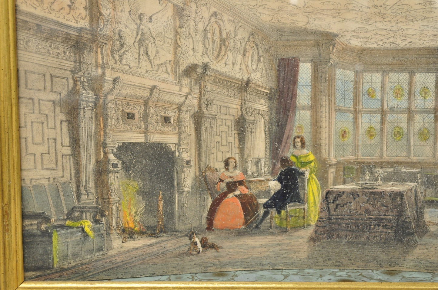 Antique Colored Lithograph 3D Frame Hall of Levens & Trophy Room Joseph Nash (2)