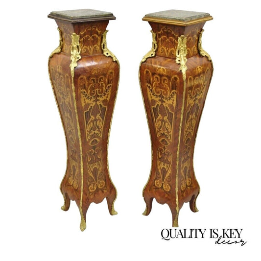 Vintage French Louis XV Style Marble Top Marquetry Inlay Bombe Pedestals a Pair