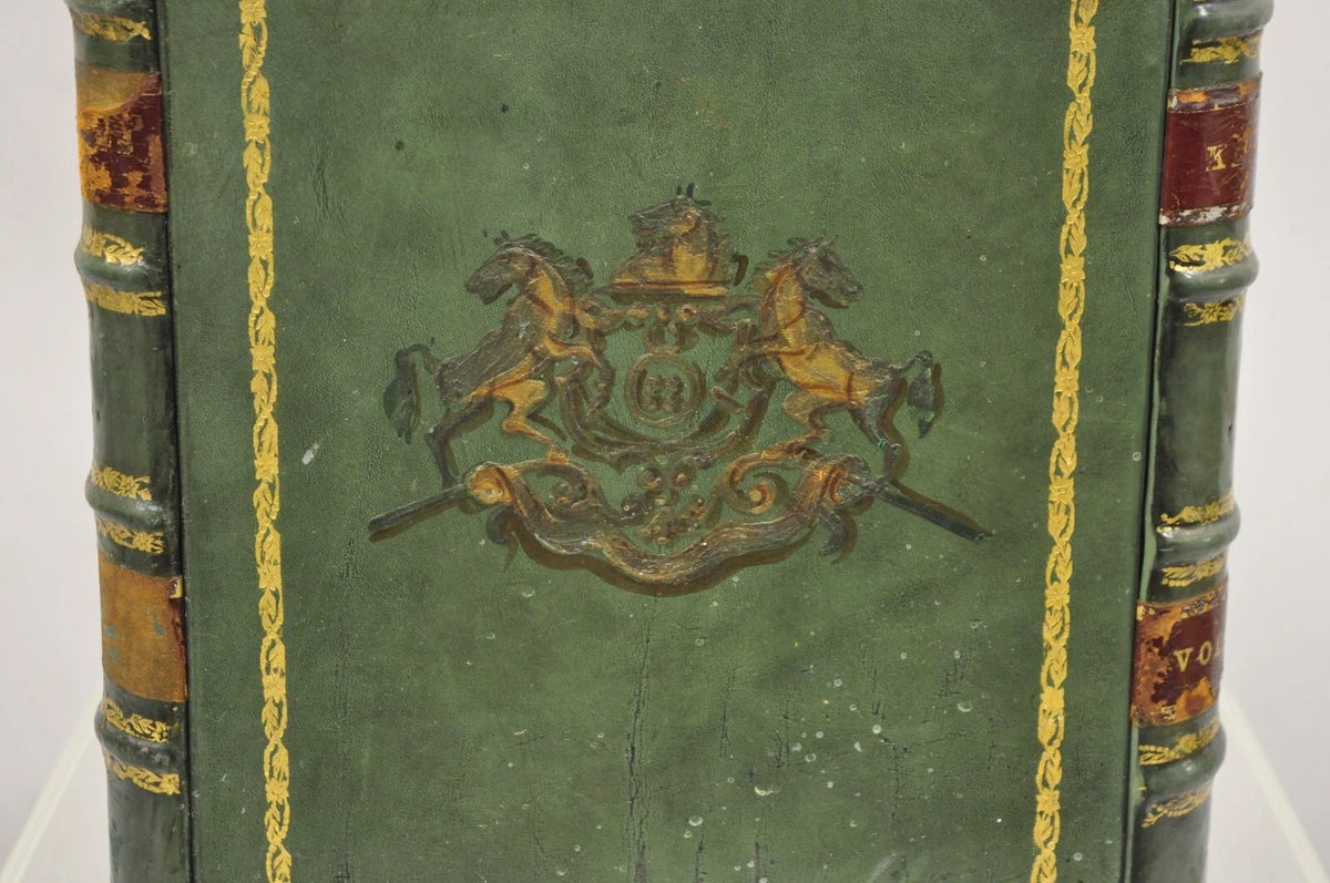 Vintage Italian Regency Green Leather Triangular Book Form Wastebasket Trash Can