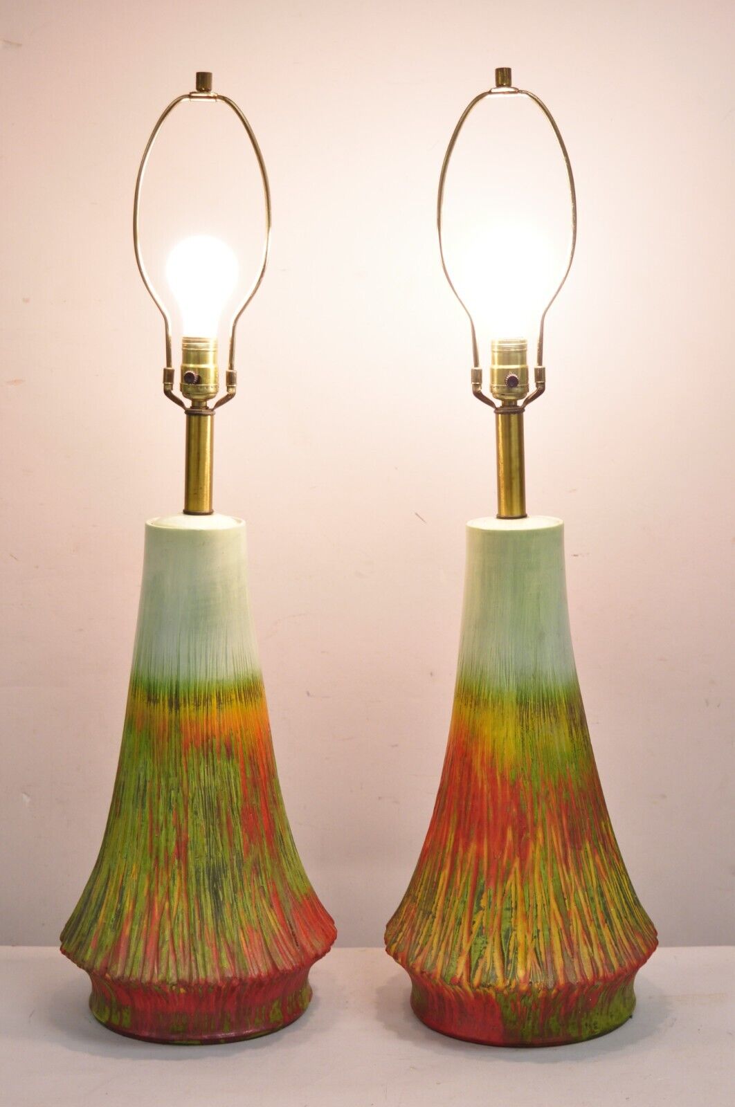 Vintage Mid Century Modern Ceramic Pottery Green Orange Flame Table Lamp - Pair