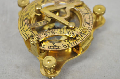 Vintage English Campaign Brass Round Sundial Compass with Small Rosewood Box