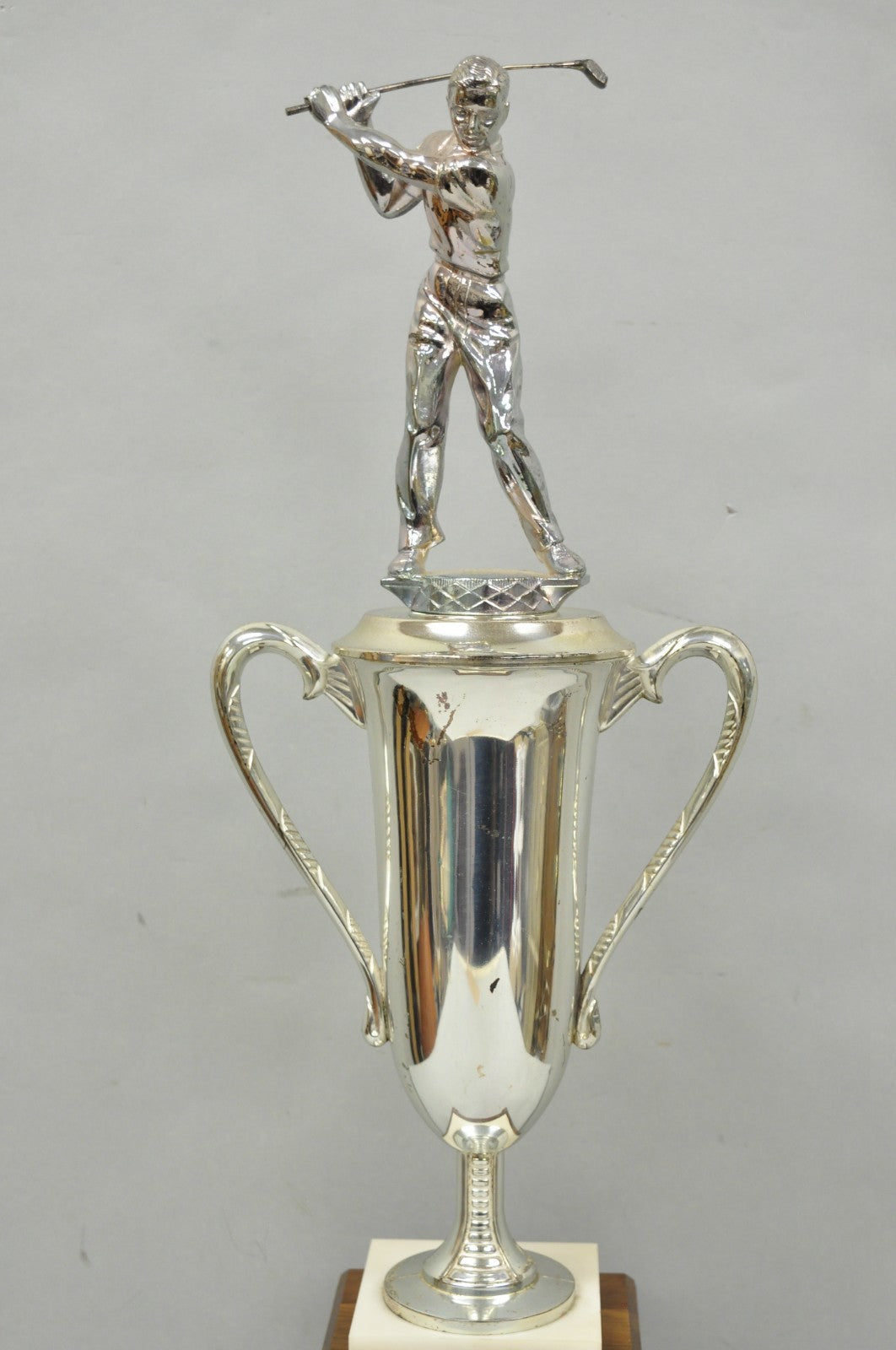 Vintage 1970s Art Deco Silver Metal Marble & Wood Figural Golf Trophy Award Cup