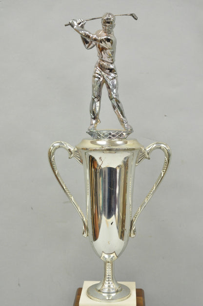 Vintage 1970s Art Deco Silver Metal Marble & Wood Figural Golf Trophy Award Cup