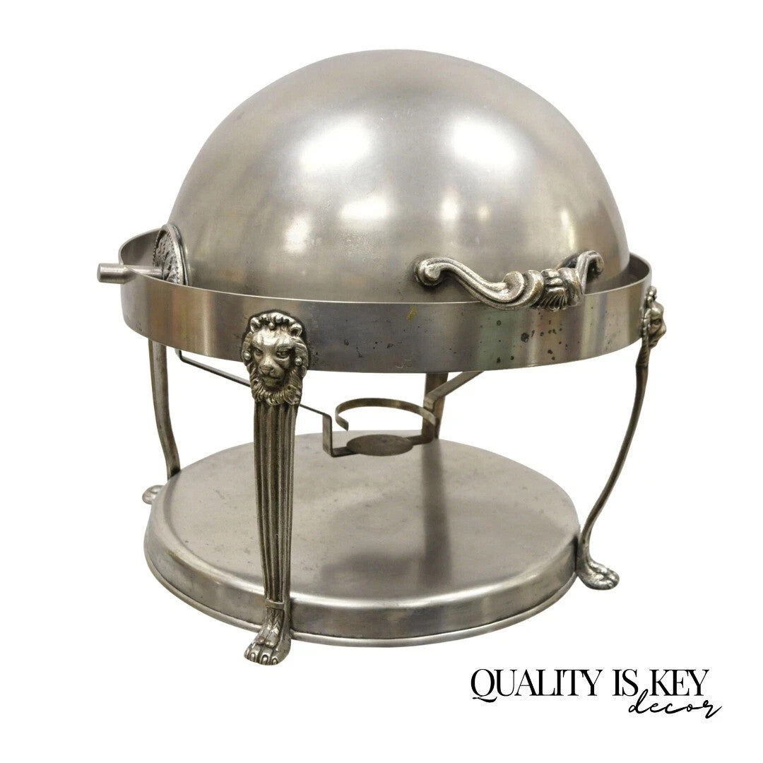 Vintage Regency Silver Plated Steel Round Catering Serving Chafing Dish w/ Lions