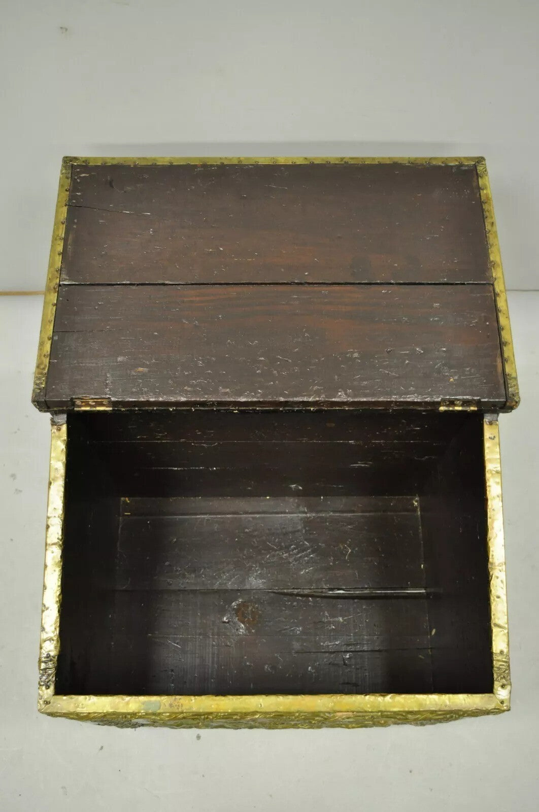 Antique Victorian Embossed Brass Fireplace Log Box Coal Box with Country Scenes