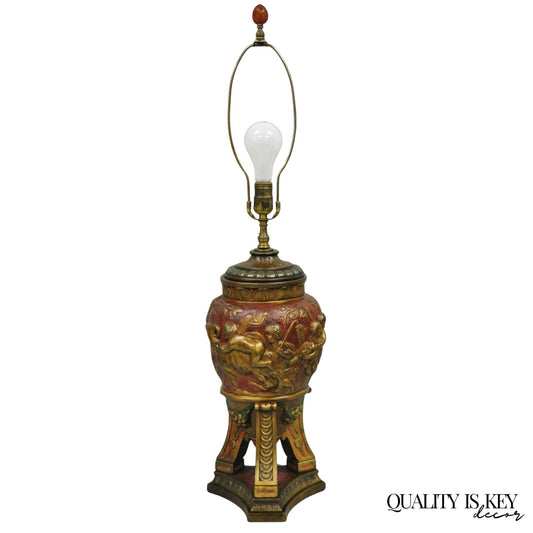 Armor Bronze Co Italian Classical Figural Cherub & Ram Polychrome Urn Table Lamp