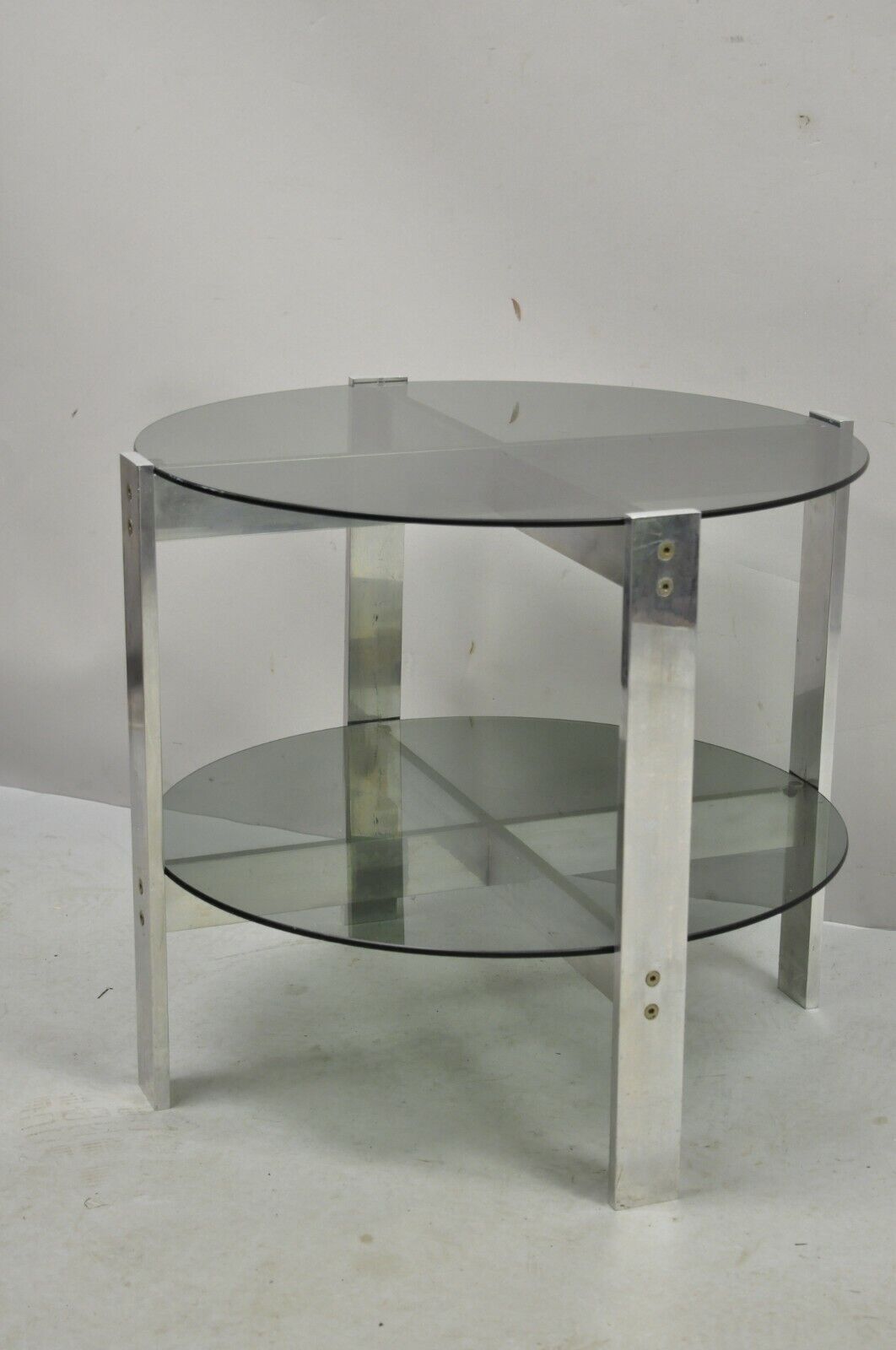 Vintage Mid Century Modern Round Smoked Glass 2 Tier Aluminum Base Side Table
