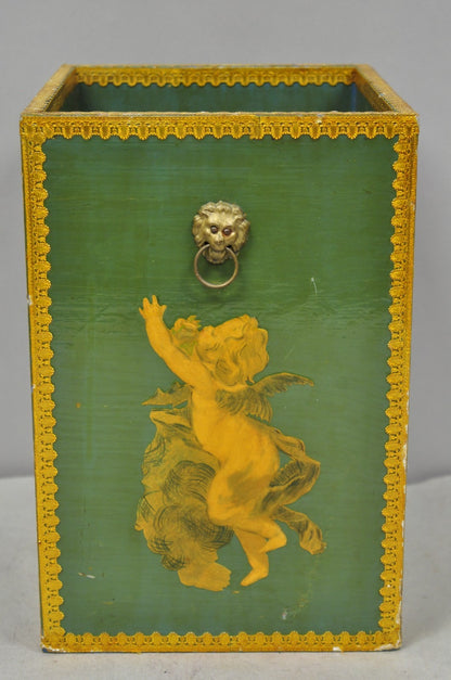 Vintage Italian Venetian Decoupage Green Gold Papier Mache Wastebasket Trash Can