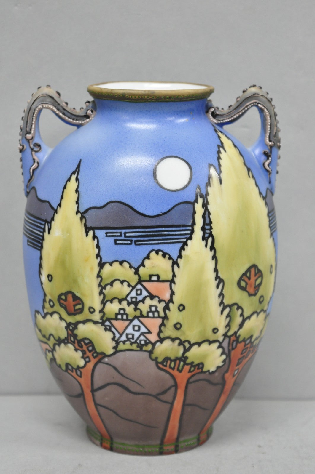 Antique Hand Painted Blue Nippon Porcelain Halloween Pattern Twin Handle Vase