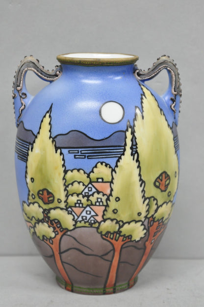 Antique Hand Painted Blue Nippon Porcelain Halloween Pattern Twin Handle Vase