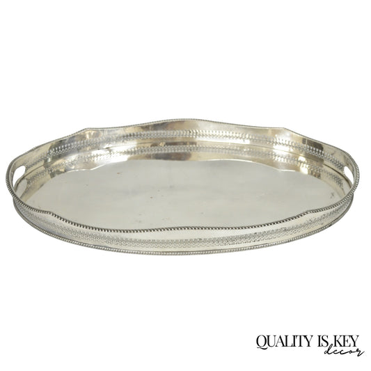 Antique English Edwardian Silver Plated Oval Bar Serving Tray w/ Raised Gallery