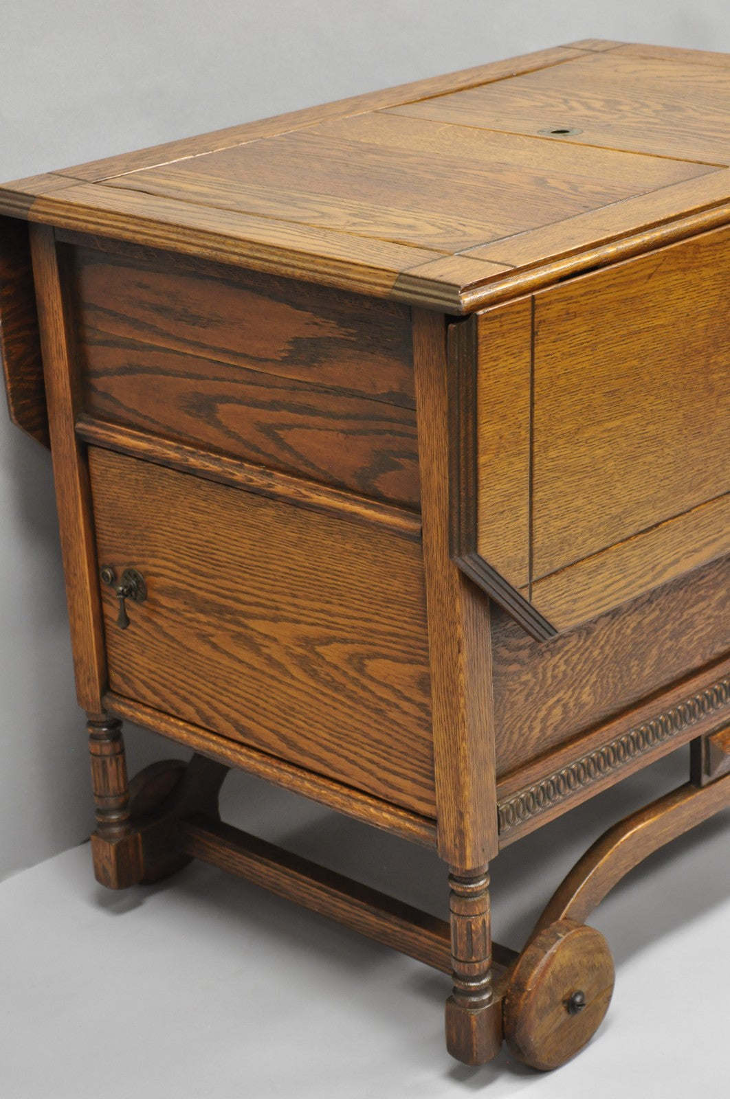 Antique Arts & Crafts Oak Wood Rolling Bar Cart Liquor Cabinet by Lammert's