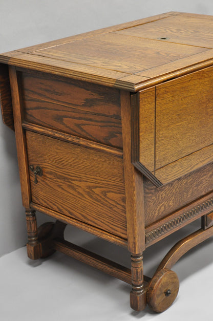 Antique Arts & Crafts Oak Wood Rolling Bar Cart Liquor Cabinet by Lammert's