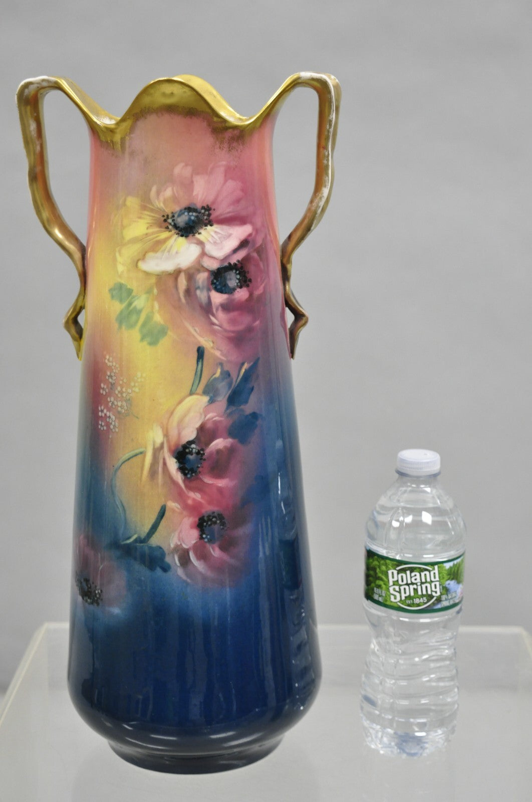 French Art Nouveau Floral Painted Blue Pink Porcelain Austrian 17" Vase - Pair