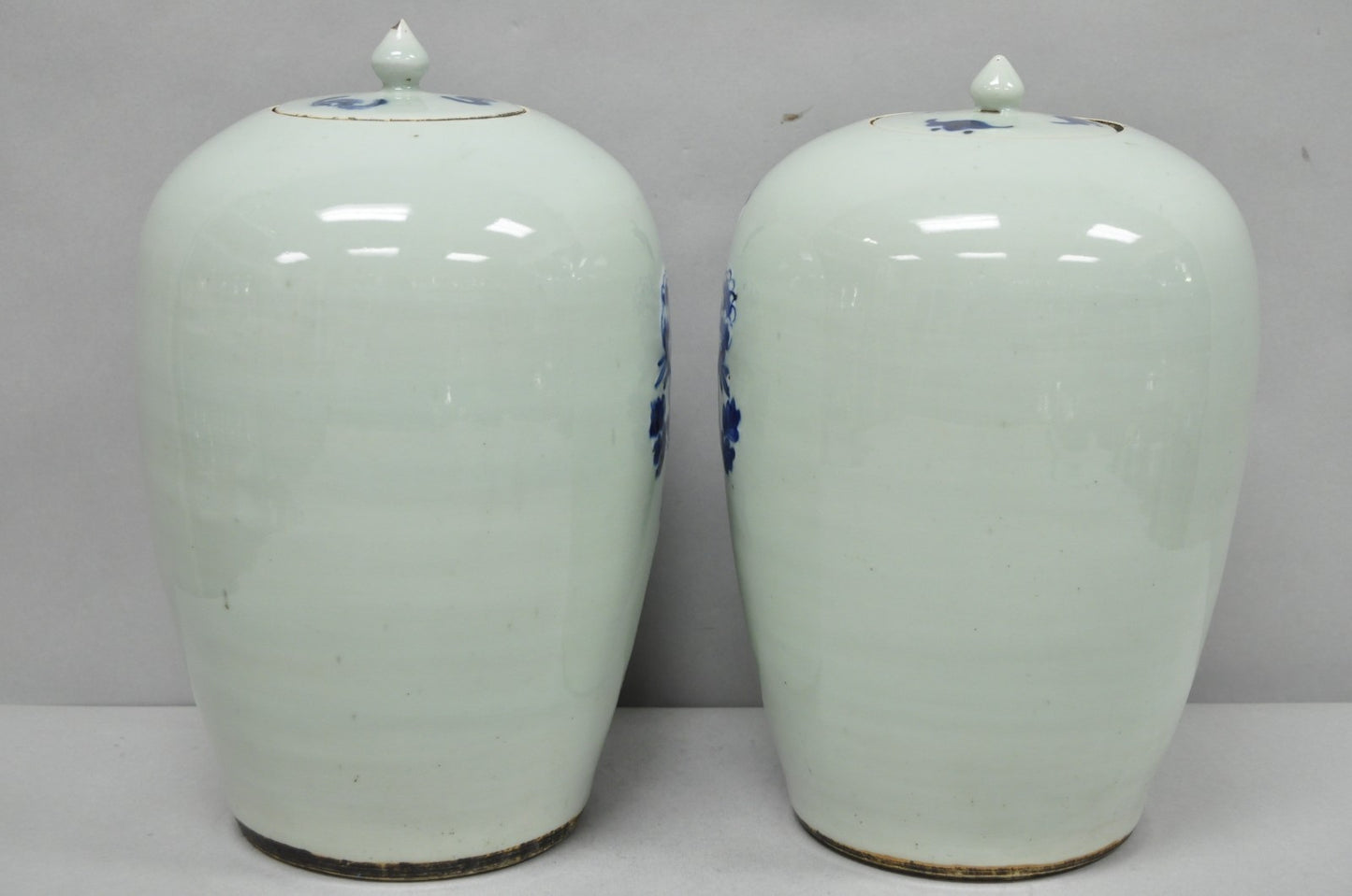 Antique Chinese Phoenix Bird Celadon Green Porcelain Covered Ginger Jar - Pair