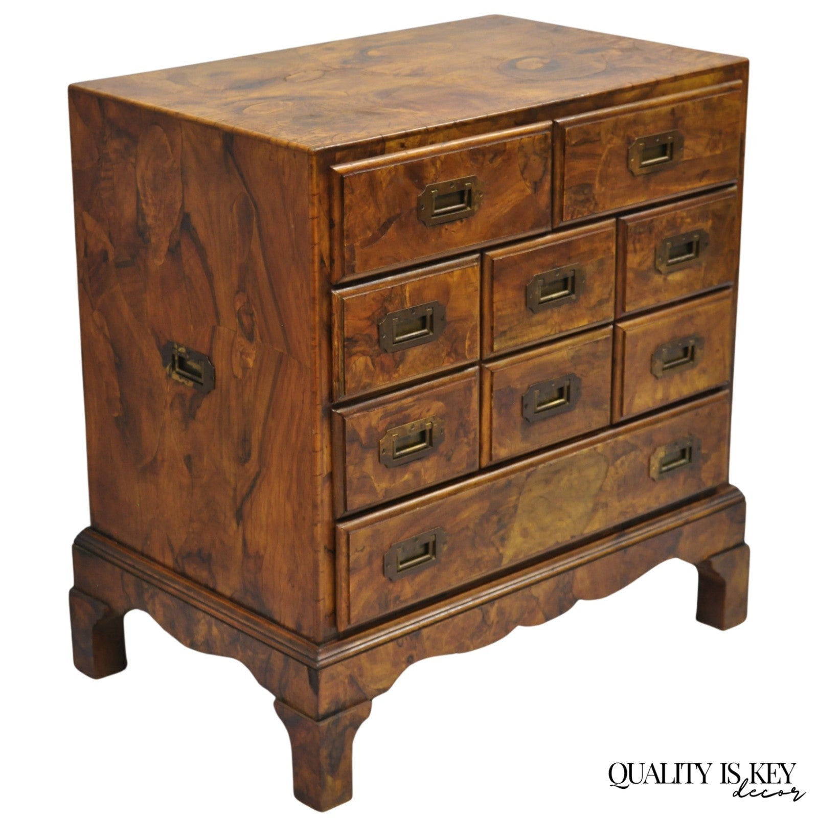 Vintage Italian Olive Wood Veneer Campaign Chest of Drawers Cabinet Side Table