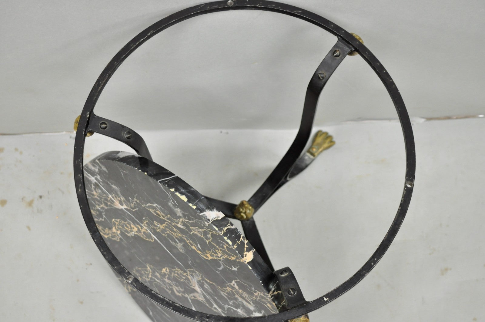 Italian Regency Round Marble Top Wrought Iron Brass Swan Low Drink Table - Pair