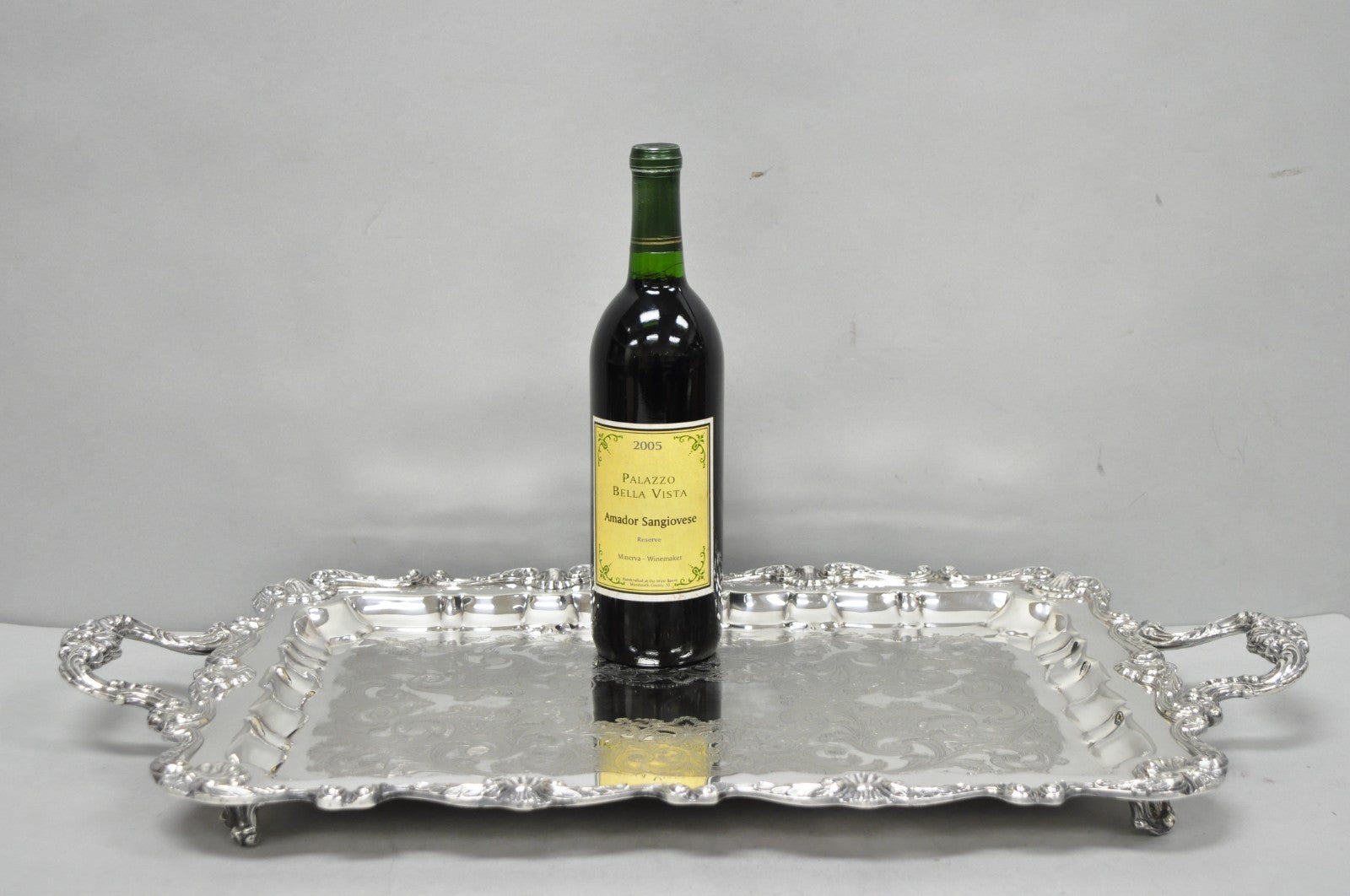 Vintage English Silver Mfg Co Silver Plated Footed Serving Platter Bar Tray