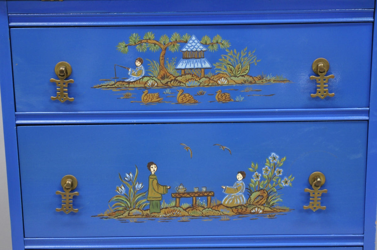 Vintage Chinoiserie Blue Hand Painted Gold Gilt Narrow Bookcase Secretary Desk