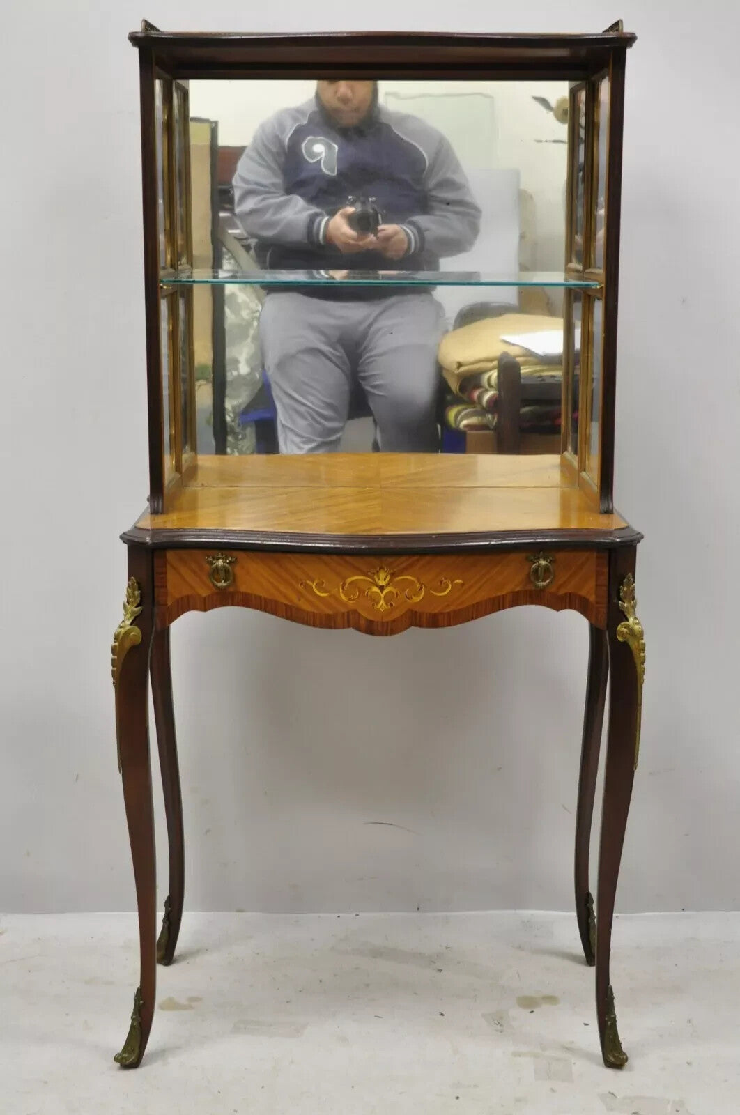 Antique French Louis XV Style Petite Curio Etagere with Satinwood Inlay & Mirror