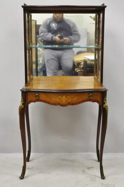 Antique French Louis XV Style Petite Curio Etagere with Satinwood Inlay & Mirror