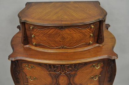 Antique French Louis XV Carved Walnut Satinwood Inlay Highboy Tall Chest Dresser