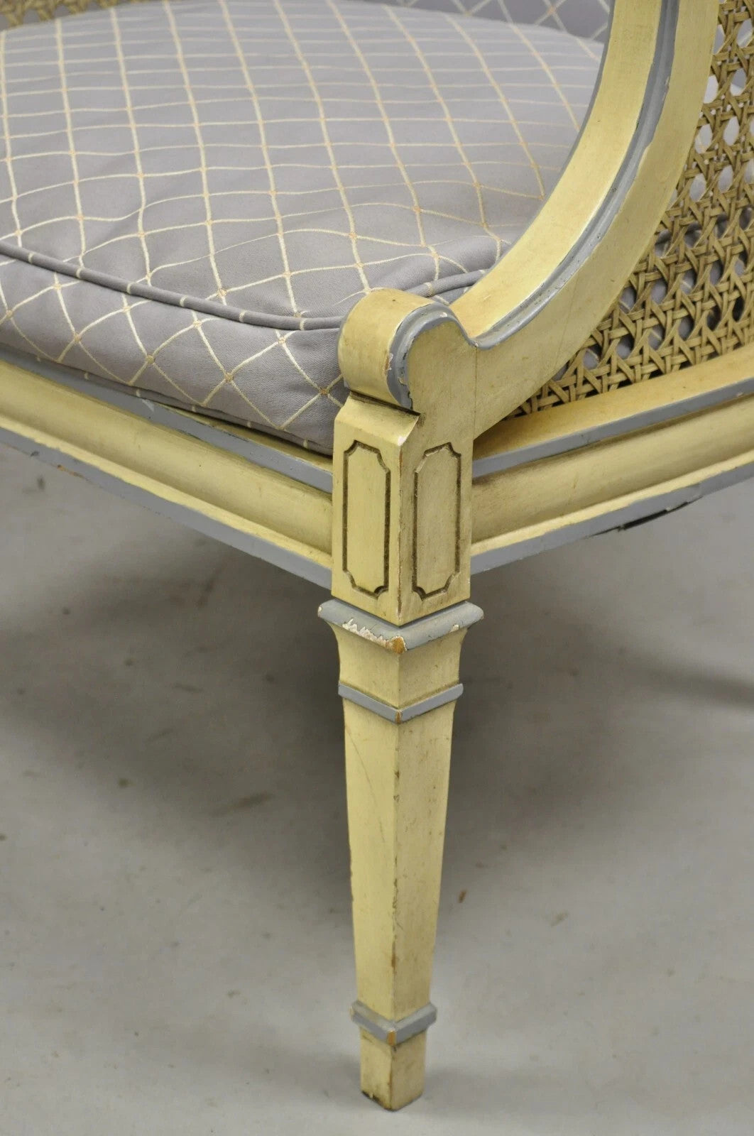 Vintage Hollywood Regency Cream Painted Cane Side Club Lounge Chairs - a Pair