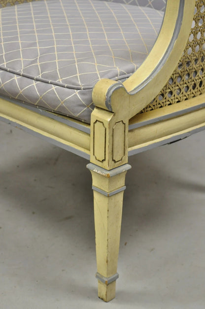 Vintage Hollywood Regency Cream Painted Cane Side Club Lounge Chairs - a Pair
