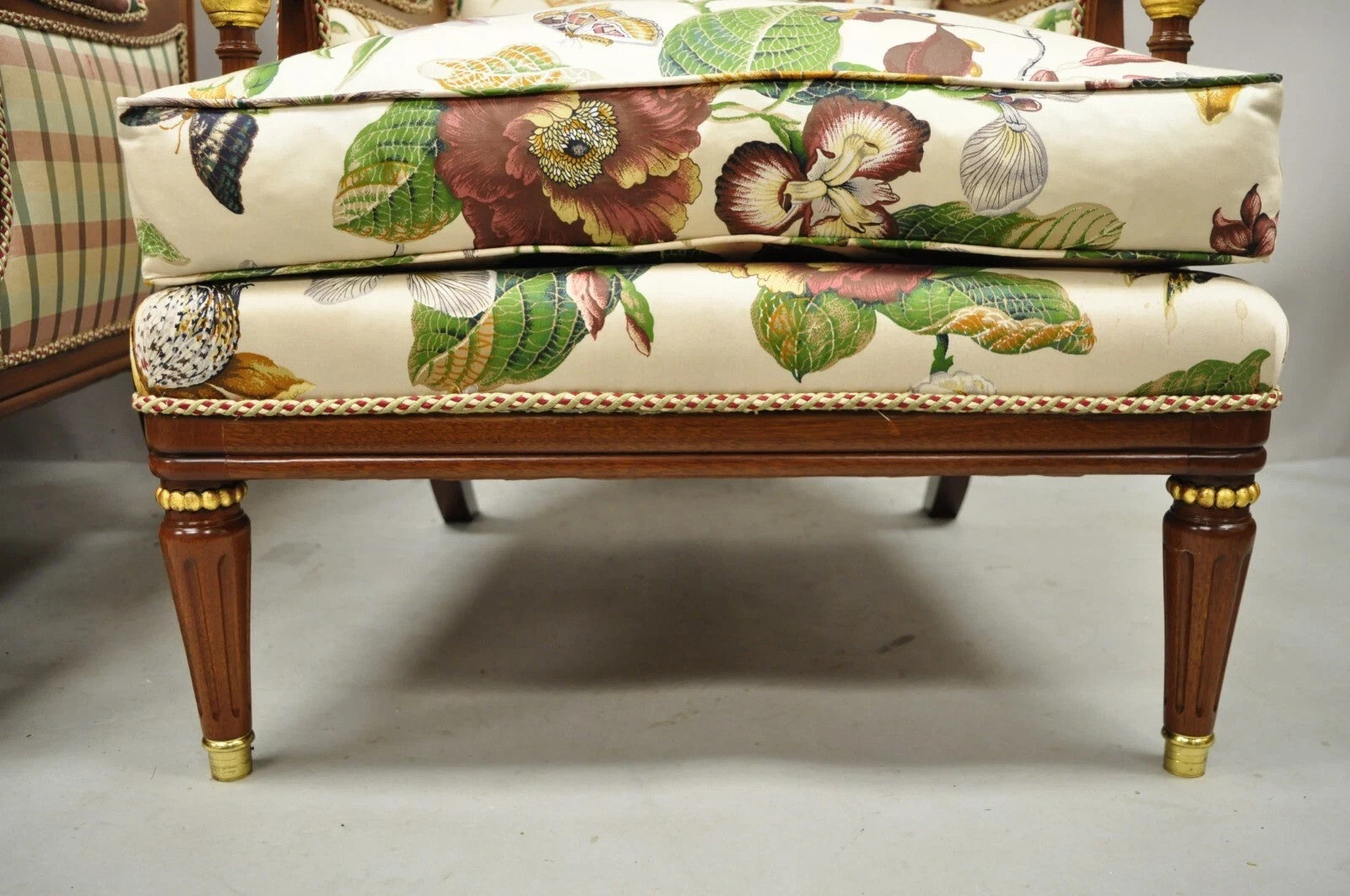 Vintage French Regency Style Floral Print Mahogany Bergere Lounge Chairs - Pair