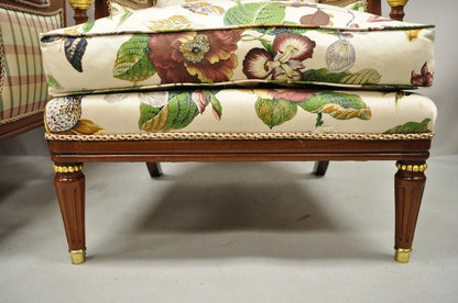 Vintage French Regency Style Floral Print Mahogany Bergere Lounge Chairs - Pair