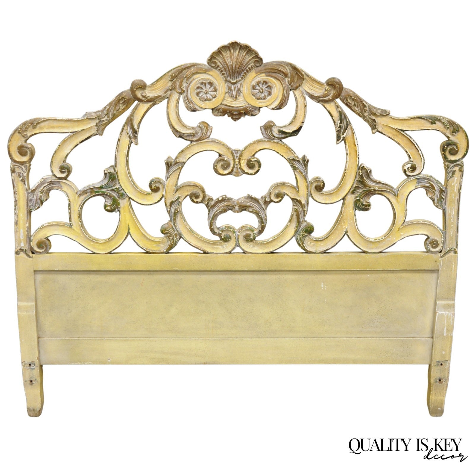 Vintage French Rococo Distressed Cream Painted Queen Size Wood Bed Headboard