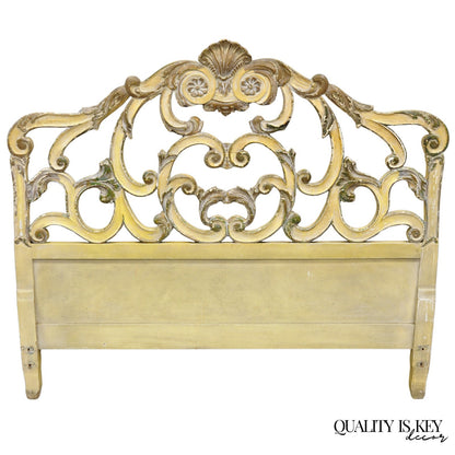 Vintage French Rococo Distressed Cream Painted Queen Size Wood Bed Headboard