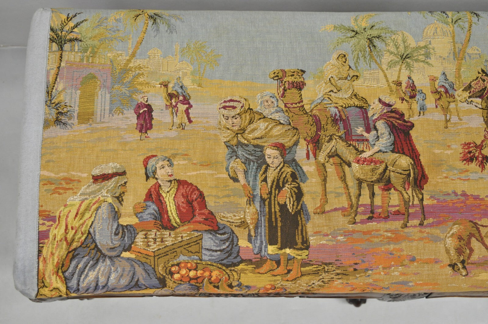 Vintage French Country Louis XV Style Walnut Bench w/ Arabian Market Tapestry