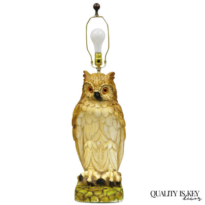 Vintage Mid Century Modern Large Chalkware Painted Owl Sculpture Table Lamp