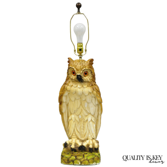 Vintage Mid Century Modern Large Chalkware Painted Owl Sculpture Table Lamp