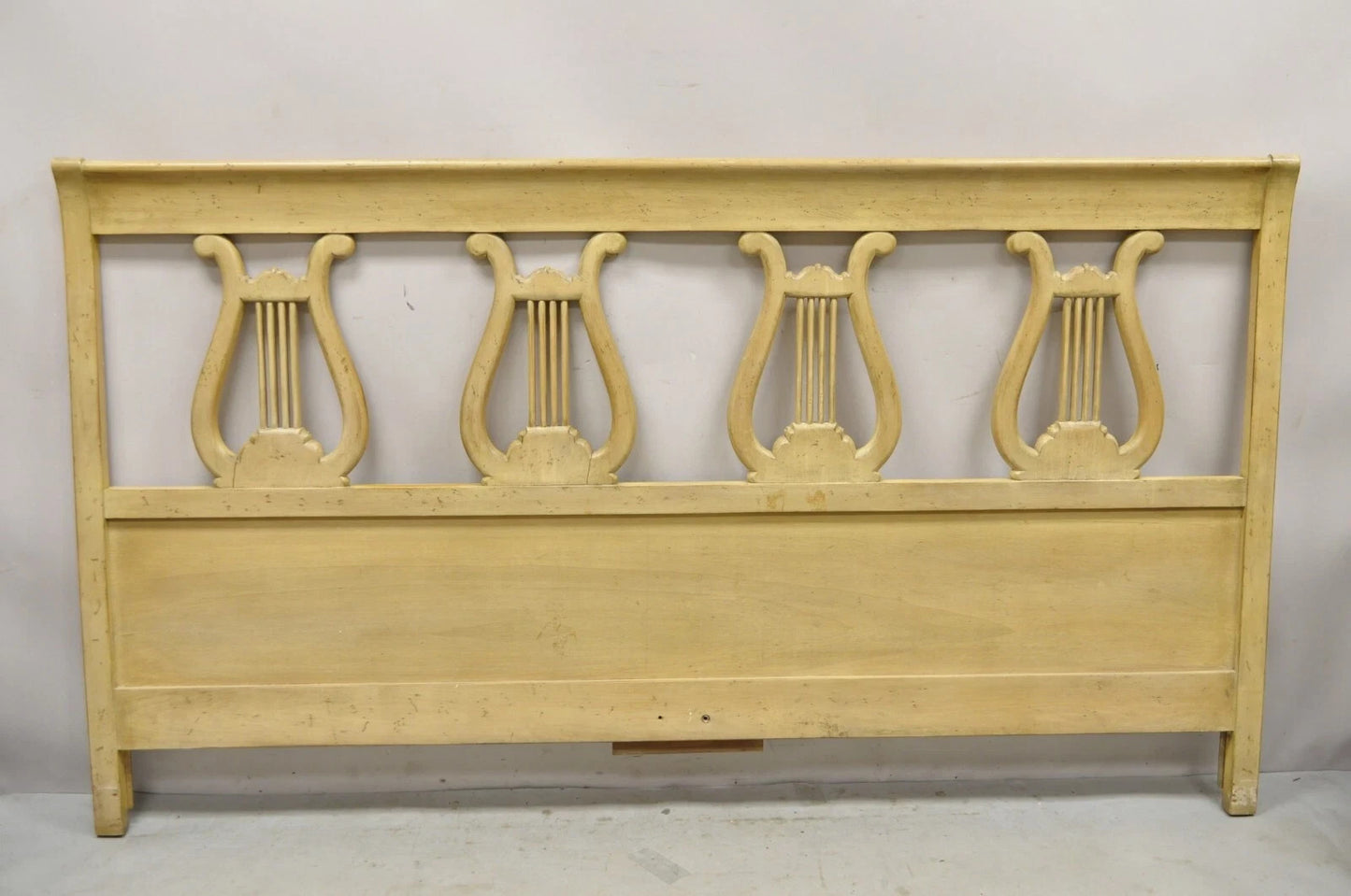 Vintage Italian Neoclassical Carved Lyre Harp Wooden King Size Bed Headboard