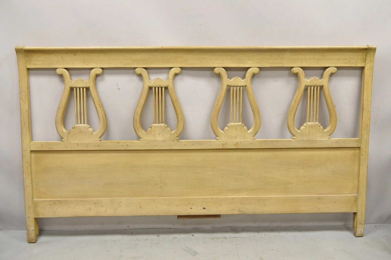 Vintage Italian Neoclassical Carved Lyre Harp Wooden King Size Bed Headboard