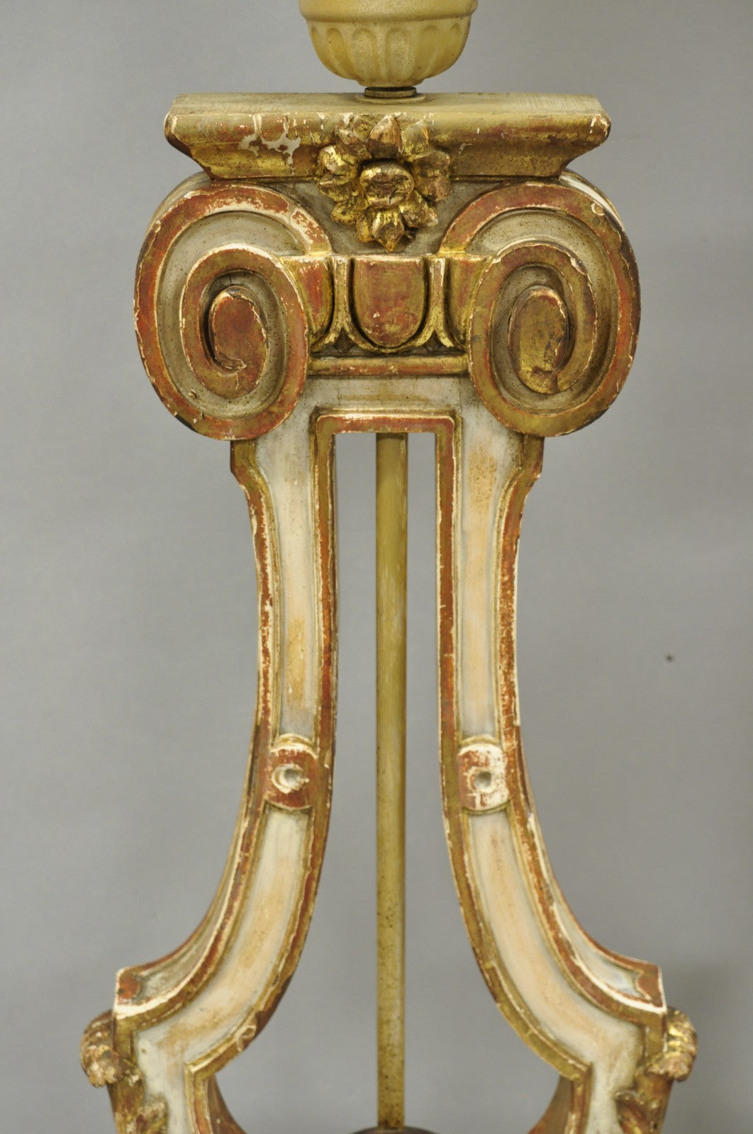 Italian Neoclassical Cream & Gold Gilt Carved Wood Harp Column Table Lamp - Pair