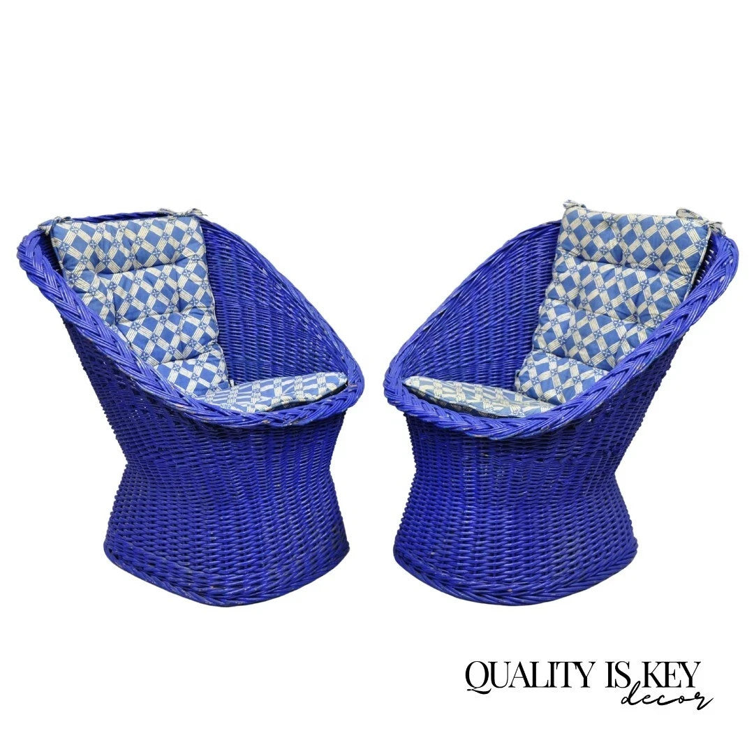 Vintage Mid Century Modern Blue Painted Wicker Rattan Pod Club Chairs - a Pair