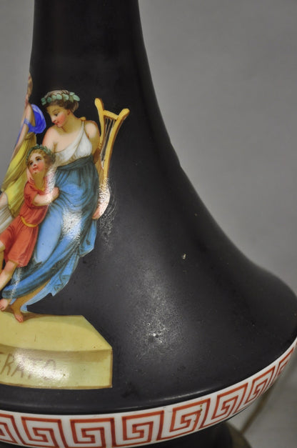 Antique French Neoclassical Bronze & Black Porcelain Painted Table Lamps - Pair