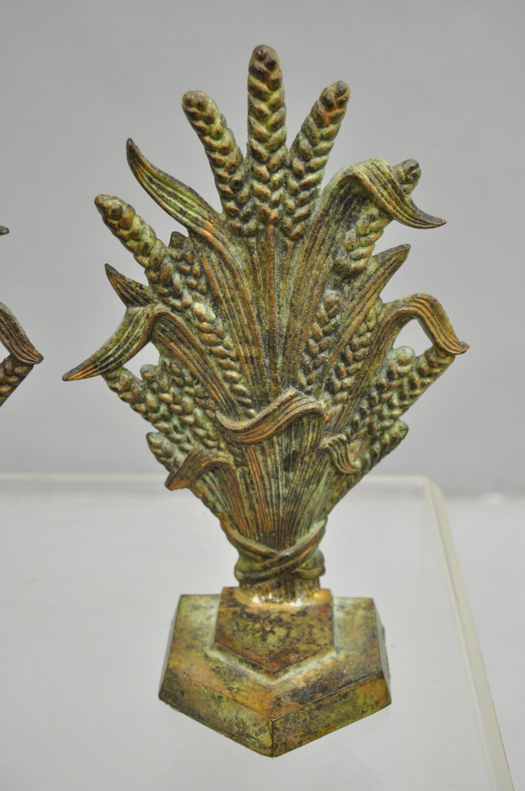 Vintage Art Nouveau Patinated Cast Metal Sheaf of Wheat Doorstop Bookends - Pair