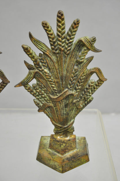 Vintage Art Nouveau Patinated Cast Metal Sheaf of Wheat Doorstop Bookends - Pair