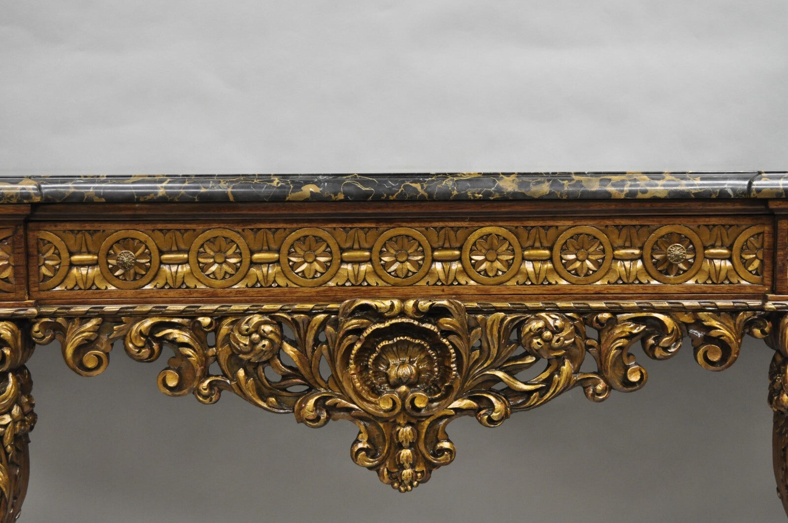 Antique French Baroque Rococo Carved Walnut Marble Top Sideboard Buffet w Drawer