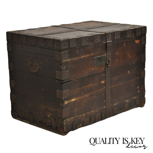 19th C. English Oak Wood and Steel Banded Safe Storage Cabinet Chest Trunk