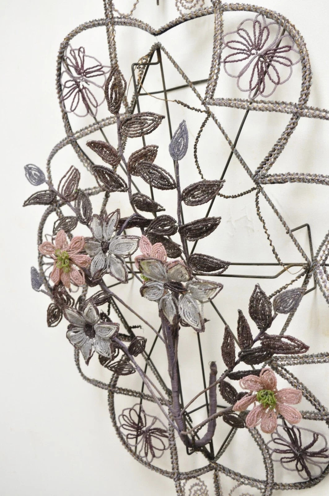 Antique French Victorian Purple Glass Beaded Memorial Wreath Wall Art Sculpture