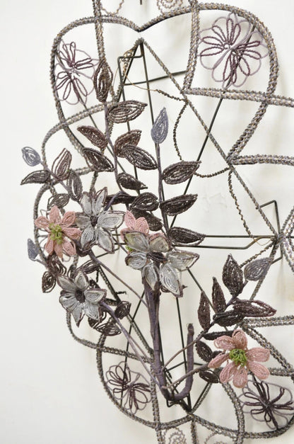 Antique French Victorian Purple Glass Beaded Memorial Wreath Wall Art Sculpture